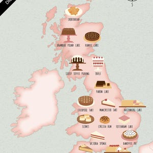 Illustrated map of Britain, British bakery, food, cake, cookie, pie, art print, poster, travel map, digital download