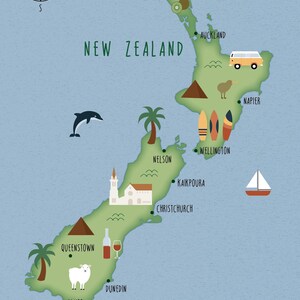 Carte illustrée de la Nouvelle-Zélande, affiche d'art, carte de voyage