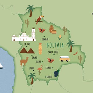 Mapa ilustrado de Bolivia, impresión artística, póster, mapa de viaje