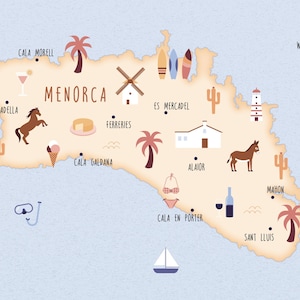 Postal de Menorca, pack de 5 postales A6, mapa ilustrado de Menorca