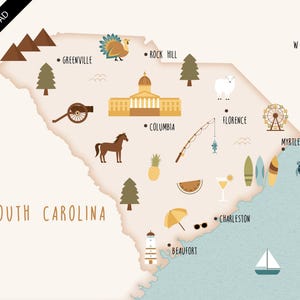 Illustrated map of South Carolina art print poster travel map digital download
