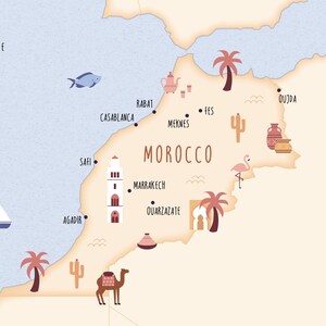Carte illustrée du Maroc, affiche d'art, carte de voyage