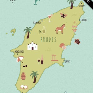 Illustrierte Karte von Rhodos Kunstdruck Poster Reisekarte digitaler Download
