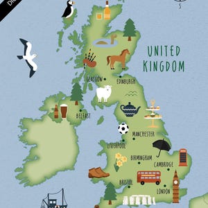 Op de afbeelding: Geïllustreerde kaart van het Verenigd Koninkrijk met iconische bezienswaardigheden en symbolen. Bevat een kompasroos, de tekst "DIGITAL DOWNLOAD" en de tekst "UNITED KINGDOM". Toont een rode bus, Big Ben en een zwarte paraplu.