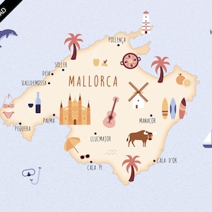 Op de afbeelding: Digitale downloadkaart van Mallorca, Spanje, met illustraties van bezienswaardigheden, waaronder een kathedraal, een windmolen en een vuurtoren. De kaart bevat een kompasroos, een zeilboot en een dolfijn.