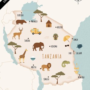 Peut inclure: Carte illustrée de la Tanzanie avec des animaux et des villes. La carte comprend une rose des vents et le texte « TÉLÉCHARGEMENT NUMÉRIQUE ». La carte présente une girafe, un lion, un éléphant et un caméléon, avec des mesures en cm.