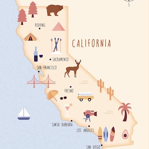 Cartolina California, confezione da 5 cartoline A6, mappa illustrata della California