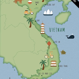 Carte illustrée du Vietnam art print poster voyage carte téléchargement numérique