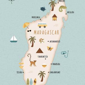 Postal de Madagascar, pack de 5 postales A6, mapa ilustrado de Madagascar