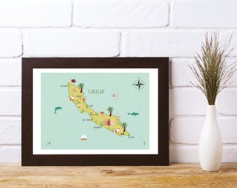 Illustrated map of Curacao art print poster travel map digital download