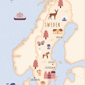 Illustrierte Karte von Schweden Kunstdruck Poster Reisekarte