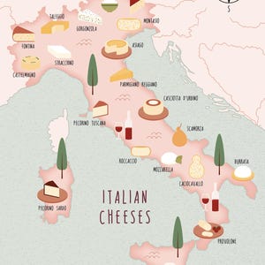 Mappa illustrata dei formaggi italiani stampa artistica cibo poster mappa di viaggio