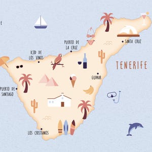 Carte illustrée de Tenerife, affiche d'art, carte de voyage