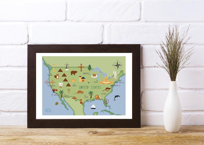 Pretty Us Map Illustrated Map of United States Art Print Poster Travel Map Digital ...
