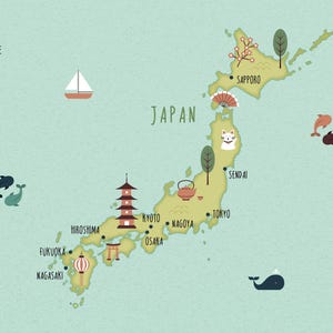 May include: A colorful illustrated map of Japan with major cities labeled, including Tokyo, Kyoto, Osaka, and Sapporo. The map features various icons representing local landmarks and cultural elements, such as a pagoda, a tea kettle, a fan, and a cat.