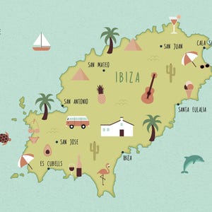 Ibiza postcard, pack of 5 postcards A6, illustrated map of Ibiza