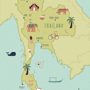 Postal da Tailândia, pacote de 5 postais A6, mapa ilustrado da Tailândia
