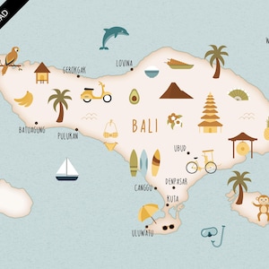 Op de afbeelding: Een digitale downloadkaart van Bali, Indonesië, met illustraties van lokale bezienswaardigheden en iconen. De kaart bevat een kompas, een scooter, een tempel en andere culturele symbolen, met de tekst "DIGITAL DOWNLOAD".