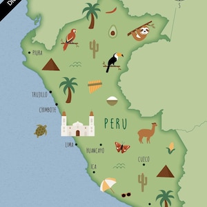 Mapa ilustrado del Perú, impresión artística, póster, mapa de viaje, descarga digital