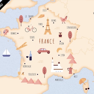 Illustrierte Karte von Frankreich Kunstdruck Poster Reisekarte digitaler Download