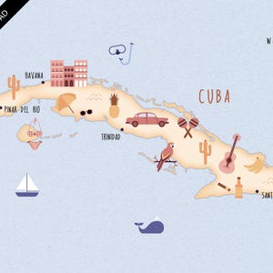 Illustrated map of Cuba art print poster travel map digital download