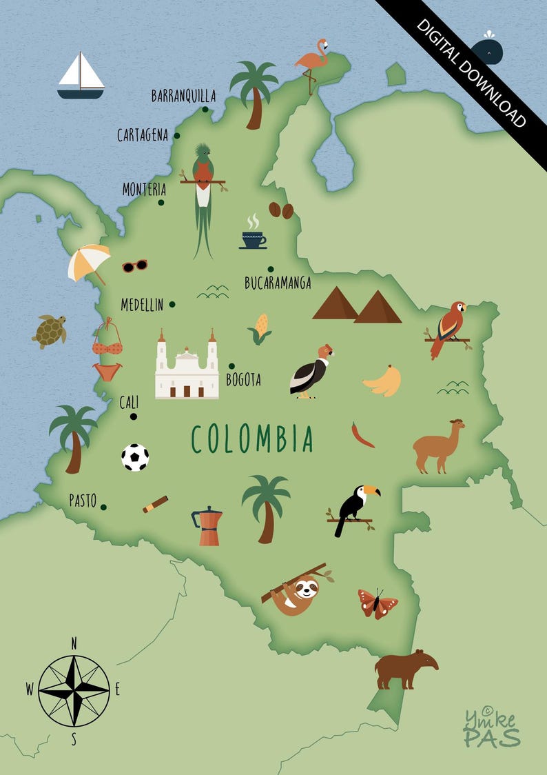 Illustrated Map of Colombia Art Print Poster Travel Map Digital ...