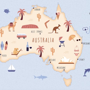 Carte illustrée de l'Australie, affiche d'art, carte de voyage