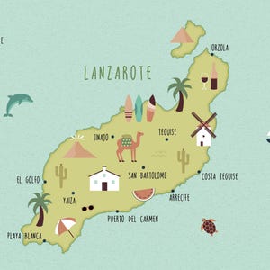 Lanzarote postcard, pack of 5 postcards A6, illustrated map of Lanzarote