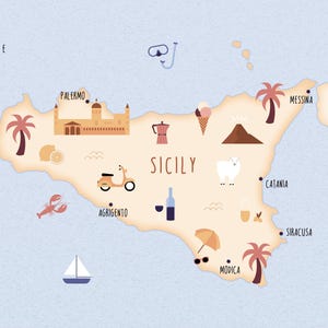 Postal de Sicilia, pack de 5 postales A6, mapa ilustrado de Sicilia