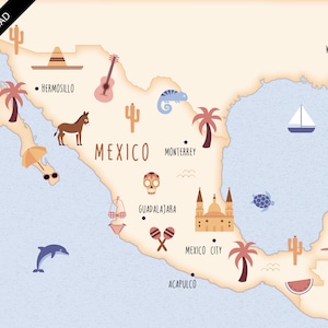May include: A colorful illustrated map of Mexico with various icons representing different cities and landmarks. The map features a compass, a sailboat, a flamingo, a turtle, a cactus, a sombrero, a guitar, a donkey, a palm tree, a skull, a church, a bikini, maracas, a watermelon, and a dolphin.