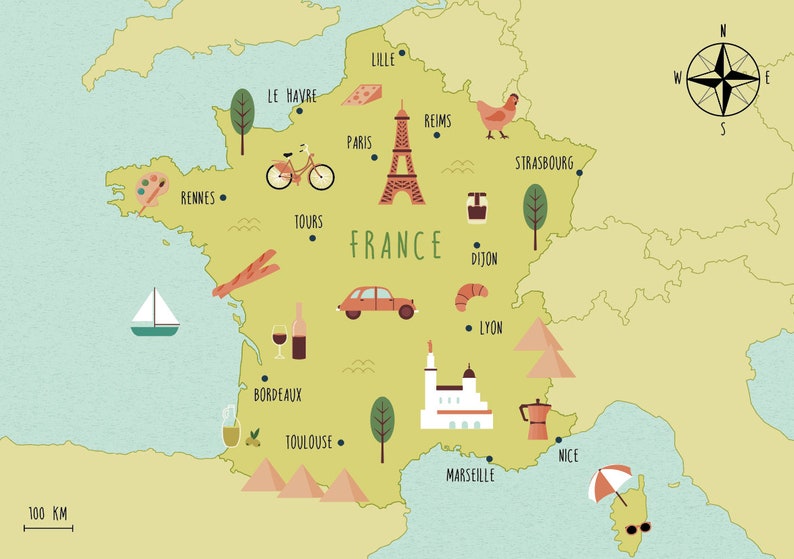 Illustrated Map Of France Art Print Poster Travel Map Digital Etsy Il 794xN.4199717250 109a