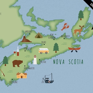 May include: A digitally illustrated map of Nova Scotia, Canada, featuring landmarks and icons. Includes a compass rose, a moose, a whale, a lobster, and a lighthouse. The words "Nova Scotia" are written in green.