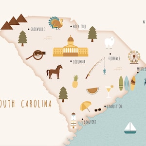 Illustrated map of South Carolina art print poster travel map