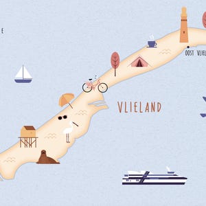 Carte illustrée de Vlieland, affiche d'art, carte de voyage
