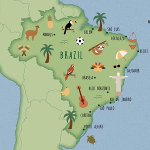 Brazil postcard, pack of 5 postcards A6, illustrated map of Brazil