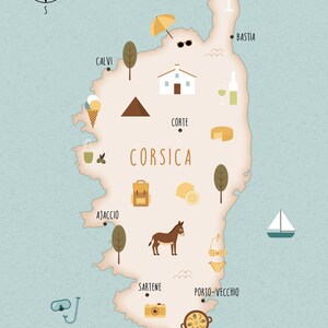 Postal de Córcega, paquete de 5 postales A6, mapa ilustrado de Córcega