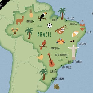 Mapa ilustrado de Brasil, impresión artística, póster, mapa de viaje, descarga digital