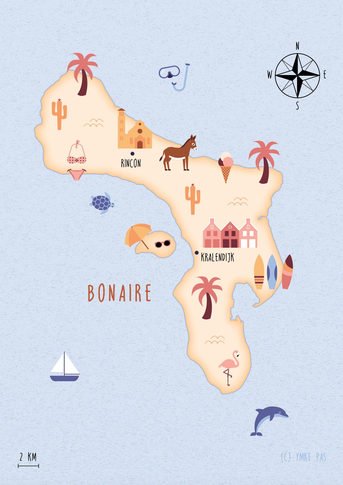 Illustrated Map of Bonaire Art Print Poster Travel Map Digital Download