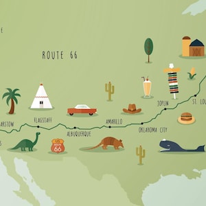 Op de afbeelding: Een lichtgroene kaartillustratie van Route 66 met een donkergroen pad van Chicago naar Los Angeles. Iconen zijn onder meer een reuzenrad, palmboom, tipi, auto, cactus, cowboyhoed, milkshake, totempaal, maïs, schuur, vogel, dinosaurus en gordeldier.