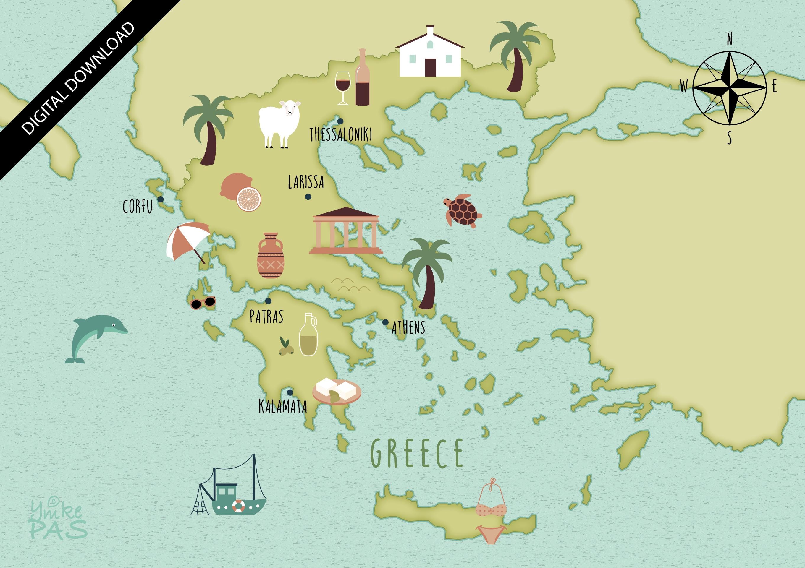 Illustrated Map of Greece Art Print Poster Travel Map Digital Download ...