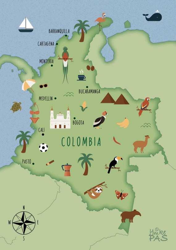 Illustrated Map of Colombia Art Print Poster Travel Map - Etsy