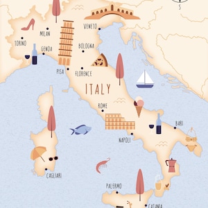 Illustrated map of Italy art print poster travel map