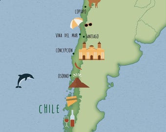 May include: Digital download map of Chile, featuring illustrations of landmarks and wildlife. Includes a sailboat, condor, llama, sunglasses, a church, a dolphin, a volcano, a wine bottle, a seal, a penguin, and a whale.