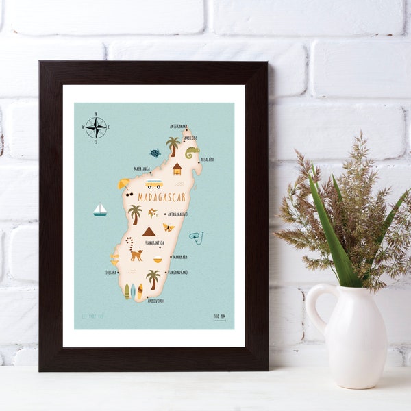 Illustrated map of Madagascar art print poster travel map digital download