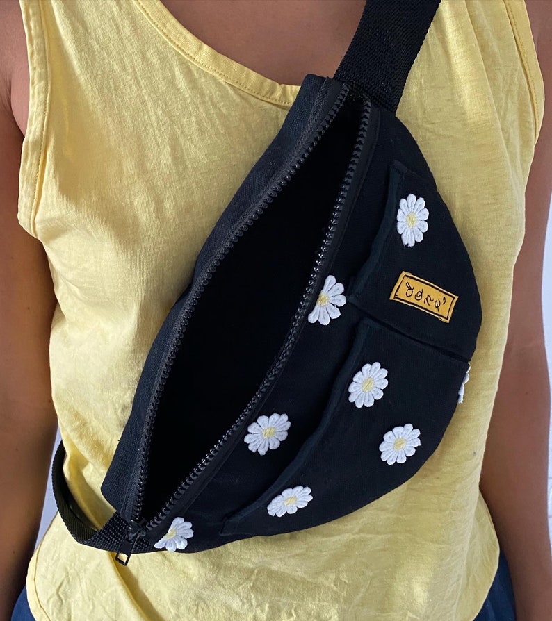 Black Canvas Hip Bag With Embroidered Daisies / Large Fanny Etsy