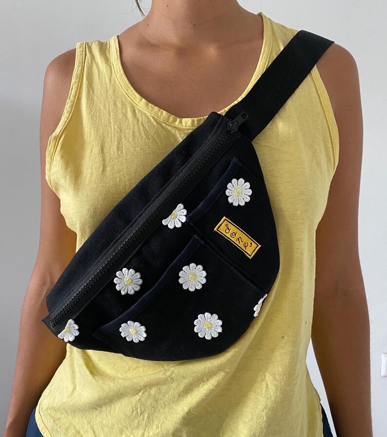 Black Canvas Hip Bag With Embroidered Daisies / Large Fanny Etsy