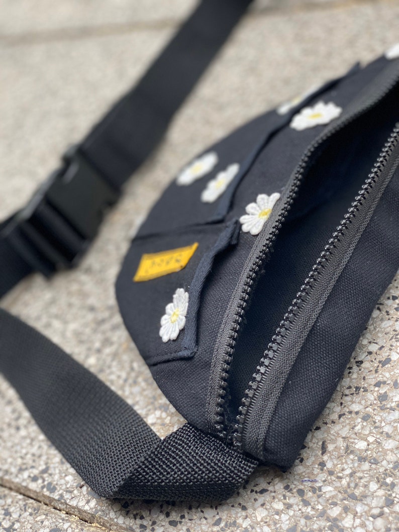 Black Canvas Hip Bag With Embroidered Daisies / Large Fanny Etsy