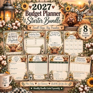 Op de afbeelding: Een 2027 budgetplanner starterspakket met acht pagina's versierd met Schotse hooglanders, zonnebloemen en katoenbloemen. De set bevat een budgetplanner, factuur- en schuldentracker en een pensioenoverzicht met rustieke tekst en illustraties.