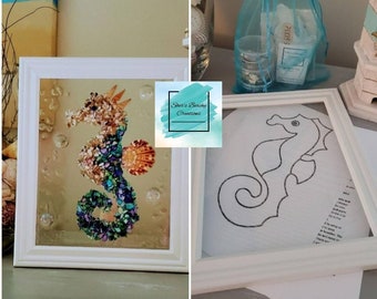 Kit, do it yourself (DIY) epoxy resin art kit, sea glass picture, shell art, crafting gift, home crafting. Craft kits. Glass art. Seahorse.