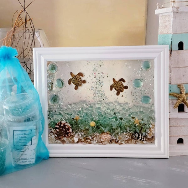 Kit, do it yourself (DIY) resin art kit, sea glass picture, shell art, crafting gift, home crafting. Craft kits. Turtle.